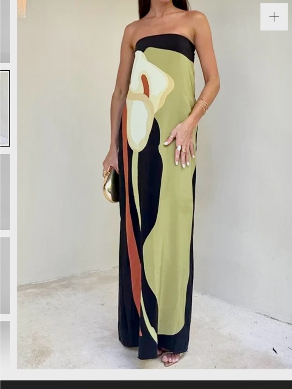 Olive Floral Strapless Maxi Skirt with Black Accents